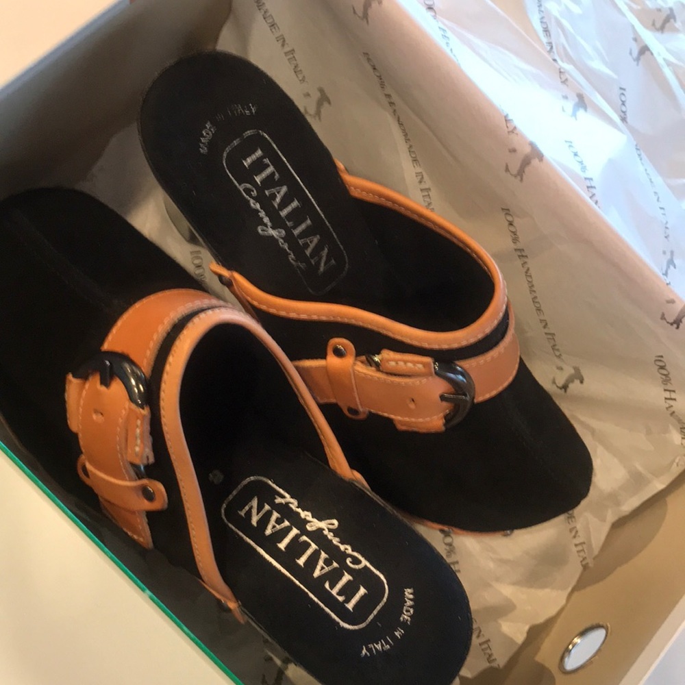 Black suede and tan leather handmade Italian clog